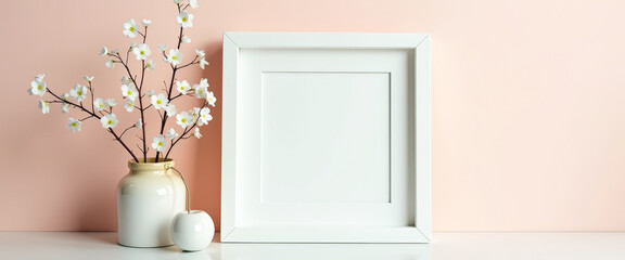 Wall Mural - White Frame Mockup with White Flowers in a Vase on a Pink Background