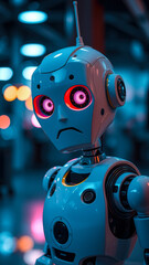 Poster - Close Up of a White Robot with Glowing Red Eyes