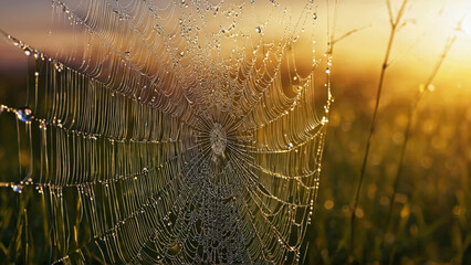 Dew drops on spider web delicate strands glistening in sunset ephemeral nature detail intricate beauty