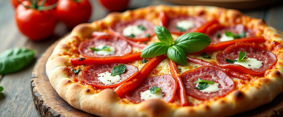 Canvas Print - Close Up of Salami Pizza with Basil on Wooden Board