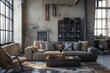 © Emongrapic - Photo style Living room interior in loft, industrial style, 3d render