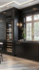 Wall Mural - Modern kitchen design features sleek black cabinetry, elegant lighting, and stylish wine cooler, creating sophisticated and inviting atmosphere