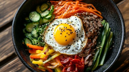 Vibrant Bibimbap Bowl with Fresh Ingredients in Morning Light on Wooden Table