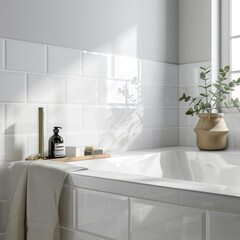 Wall Mural - A serene bathroom featuring white tiles on walls, stylish bathtub, and touch of greenery. natural light enhances calming atmosphere, perfect for relaxation