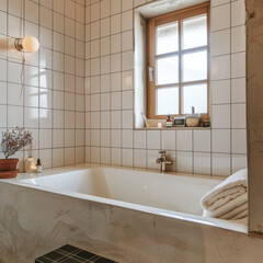 Wall Mural - A serene bathroom featuring white tiles on walls and spacious bathtub. Natural light filters through window, creating calming atmosphere perfect for relaxation