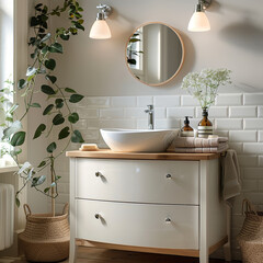 Sticker - A serene bathroom featuring minimalist design with light colored decor, round mirror, and stylish sink. space is enhanced by greenery and elegant accessories, creating calming atmosphere