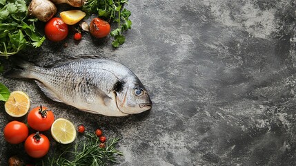 Fresh raw fish with lemon, tomatoes, mushrooms, and herbs on a dark gray background.