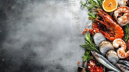 Wall Mural - Fresh seafood and orange slice on a dark background.