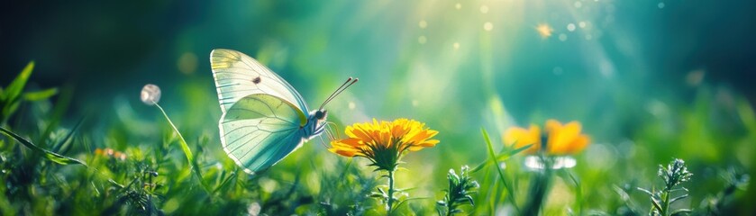 A butterfly is flying over a field of yellow flowers