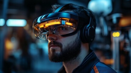 Man wearing virtual reality headset is black engineer using ar glasses