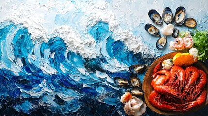 Fresh seafood on a blue background with a painting effect.