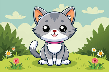 Sticker - A cartoon cat sits in the grass, surrounded by colorful flowers, enjoying the sunny day with a cheerful expression on its face.