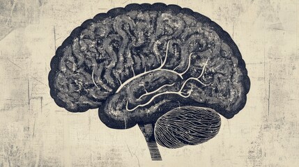 Wall Mural - Abstract brain background. Photocopy stippled style with collage elements of brain