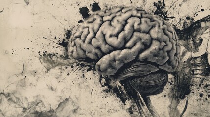 Wall Mural - Abstract brain background. Photocopy stippled style with collage elements of brain