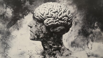 Wall Mural - Abstract brain background. Photocopy stippled style with collage elements of brain
