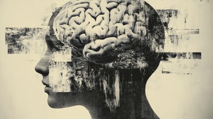 Wall Mural - Abstract brain background. Photocopy stippled style with collage elements of brain