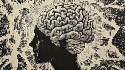 Wall Mural - Abstract brain background. Photocopy stippled style with collage elements of brain