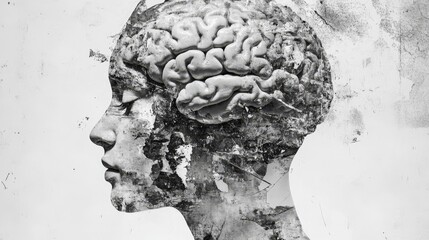 Wall Mural - Abstract brain background. Photocopy stippled style with collage elements of brain