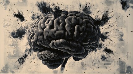 Wall Mural - Abstract brain background. Photocopy stippled style with collage elements of brain