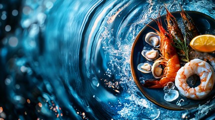 Wall Mural - Fresh seafood, shrimp, clams, and lemon on a blue plate with water splash.