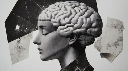 Wall Mural - Abstract brain background. Photocopy stippled style with collage elements of brain