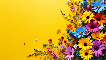 Vibrant spring scene with a bright yellow backdrop and a border of colorful wildflowers, celebrating nature, growth, beauty, and joy