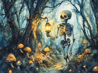 Wall Mural - Skeleton with a Lantern Walking Through a Dark Forest