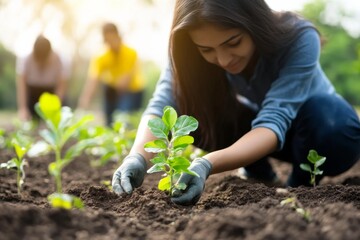 Young woman planting plant garden She is kneeling gardening outdoors