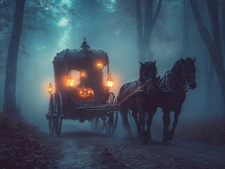 Wall Mural - Horse-Drawn Carriage in a Foggy Forest with a Jack-o'-Lantern