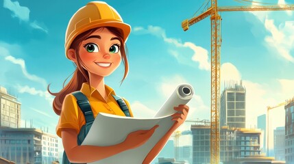 Wall Mural - Creative girl in architect gear, clutching blueprints. A construction site buzzes with energy in the backdrop.