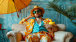 © SS Digital - Funny man in sunglasses and bright yellow panama hat is sitting with rubber duck on the sofa in the living room under umbrella, imagining, dreaming of vacation at sea, blown by the