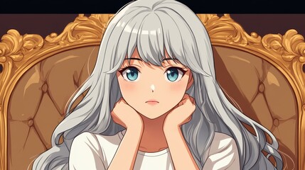 Sticker - A captivating young woman with long gray hair lounges on an antique sofa, radiating mystery in this stunning digital art.