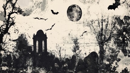 Abstract Halloween background. Photocopy stippled style with collage elements of Halloween