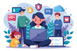 © Iftikhar alam - A group of young people interacts in a digital environment, highlighting the issue of cyber bullying and online safety in a customizable illustrated style.