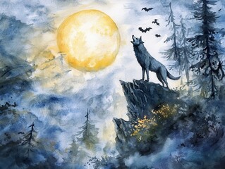 Wall Mural - A Wolf Howling at the Moon in a Watercolor Landscape