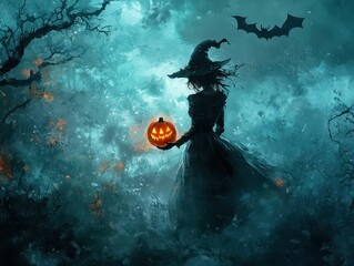 Wall Mural - A Witch in a Forest with a Jack-O'-Lantern and a Bat