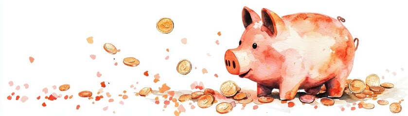 A charming watercolor illustration of a piggy bank alongside scattered coins, symbolizing savings and financial growth.