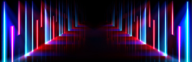Wall Mural - neon light corridor background. abstract led and laser stage in futuristic club room. empty dance co