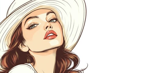 Retro style doodle illustration of a beautiful woman in a hat presented as a flat portrait on a white background isolated for emphasis