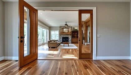 Inviting entrance to a bright and airy living room featuring a warm wooden floor