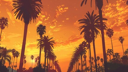 Wall Mural - Imagine an iconic scene reminiscent of Scarface, where the vibrant backdrop of an orange sky sets the stage for a row of majestic palm trees.