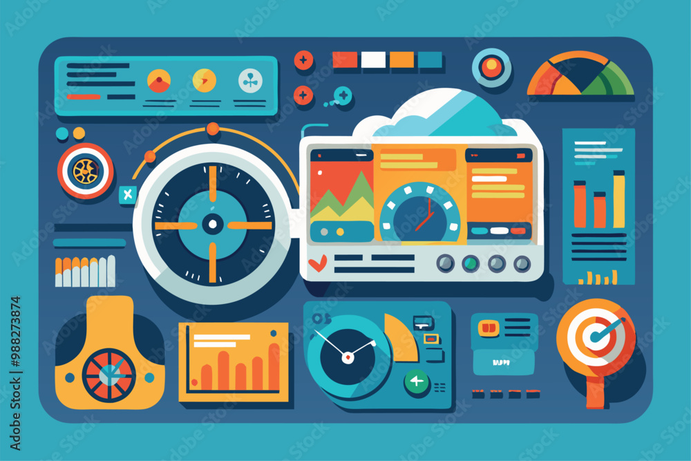 A colorful dashboard design features various data analytics tools ...