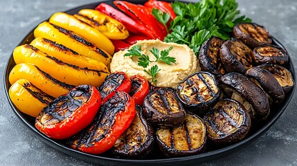 Grilled vegetables, hummus, and parsley combine for a colorful and healthy dish.