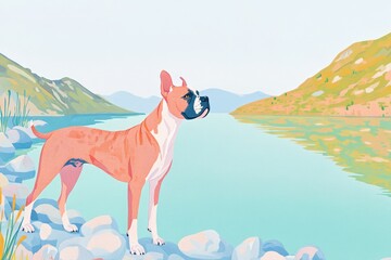 Illustration of an energetic brindle coated dog happily standing on a rocky beach with surrounding mountains and calm waters reflecting off the shore during a beautiful fall evening