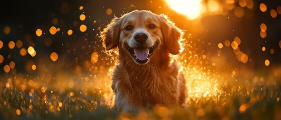 A golden retriever joyfully poses against a sunset backdrop.