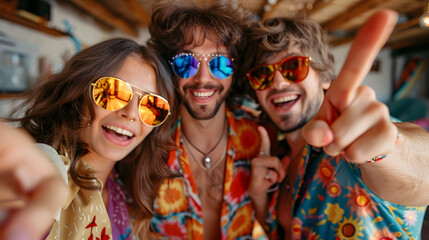 Happy friends point fingers at camera inviting you to join 70s style fancy dress fun groovy disco party. Funny photobooth group portrait of excited young people at New Year Eve