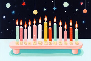 Menorah with Burning Candles Surrounded by a Starry Night Sky