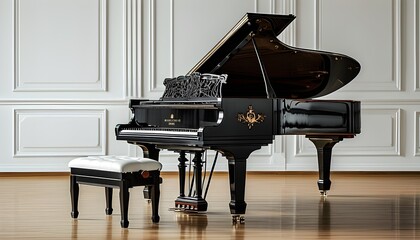 Wall Mural - Sophisticated Black Grand Piano with Exquisite Wooden Veneer, Ideal for Concerts and Classical Performances Against a Clean White Background