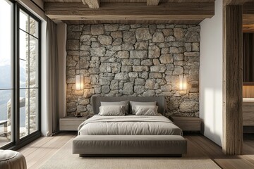 interior design natural hotel bedroom with stacked stone wall, luxury classic grey wooden bed and elegant wooden floor 