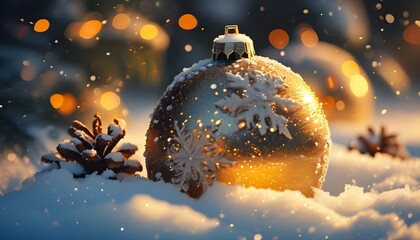 Enchanting Vintage Christmas Baubles Adorned with Golden Lights Nestled in Snow Amidst Delicate Snowflakes in a Romantic Winter Wonderland at Sunset